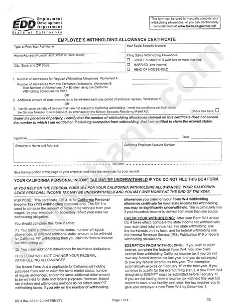 Form De 4 Employee S Withholding Allowance Certificate Employment Development Department