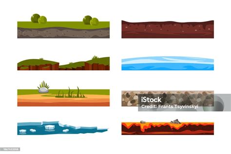 Set Of Soil Type And Earth Surface In Cartoon Style Vector Illustration