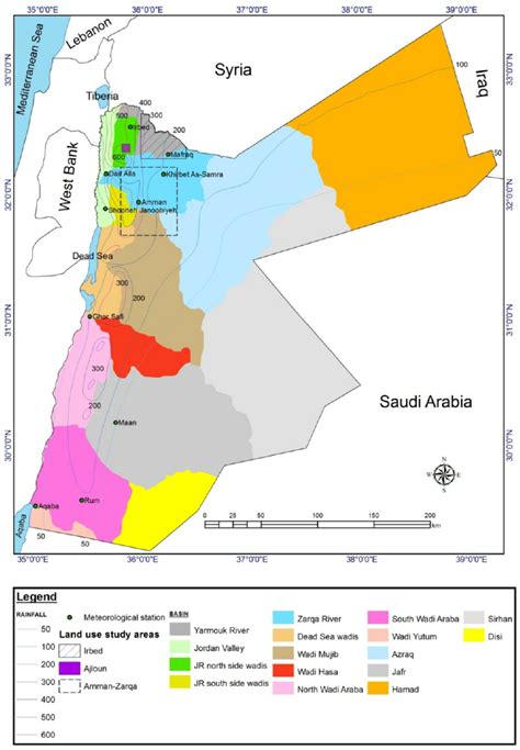 Map Of Jordan With Surface Water Basins And Rainfall Isohyets Source