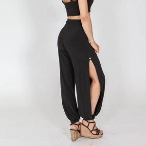 Black Stretchy Harem Pants High Waisted Side Slit Pants Etsy