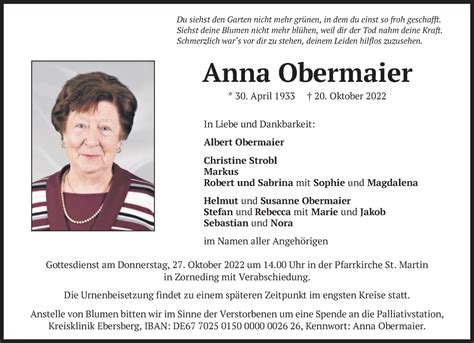 Traueranzeigen Von Anna Obermaier Sz Gedenken De