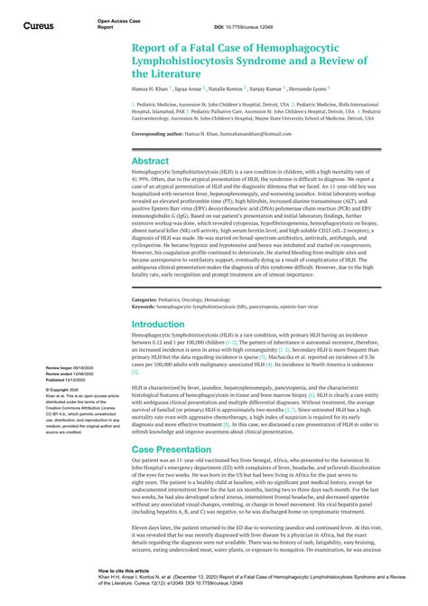 Pdf Report Of A Fatal Case Of Hemophagocytic Lymphohistiocytosis