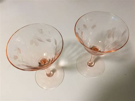 Pink Depression Glass Stemmed Cordials Set Of Two Etched