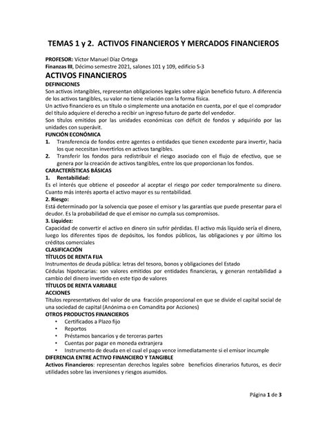 1 Tema 1 Y 2 Activos Y Mercados Financieros Página 1 De 3 Temas 1 Y 2 Activos Financieros Y