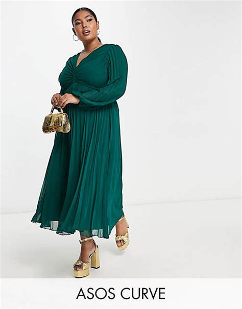 Asos Design Pleated Bodice Plunge Neck Midi Dress In Forest Green Asos