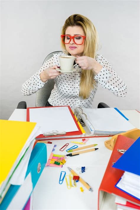 Happy Woman At Office Drinking Hot Coffee Stock Image Image Of Businesswoman Worker