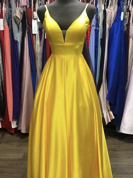 A Line V Neck Yellow Satin Long Prom Dresses A Line V Neck Yellow Sat