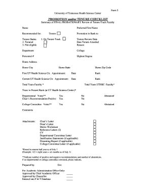 Fillable Online Uthsc Promotion And Or Tenure Checklist Form 5 The