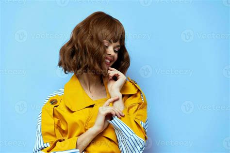 Brunette Beautiful Yellow Coat With Buttons Bright Makeup 23725533
