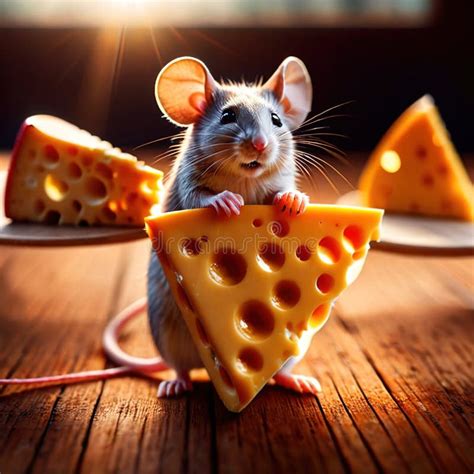 Cute Mouse Holding Precious Cheese Their Valuable Treasure Stock