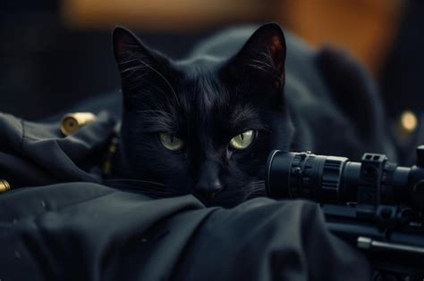 Premium Photo | A black cat lying next to a sniper rifle