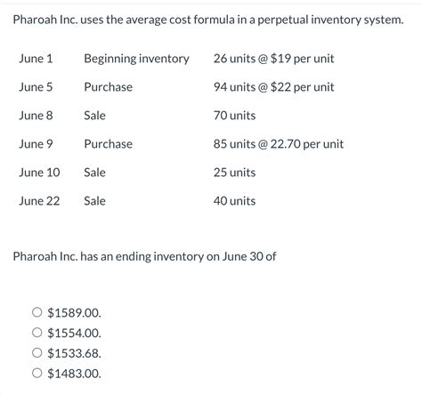 Solved Pharoah Inc Uses The Average Cost Formula In A Chegg