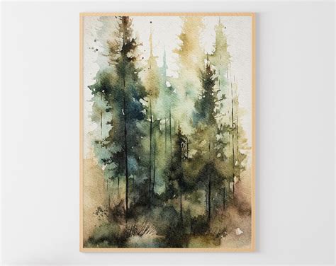 Pine Forest Painting Landscape Watercolor Pine Trees Art Print Misty ...