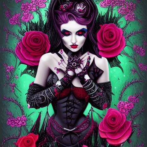 Wunderliche Detaillierte Fantasy Pinup Goth Hündin Mit Blumen Mit Glitzer Schwarz Auf Einem