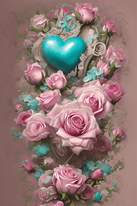 Beautiful Shabby Chic Pink Roses And Teal Flowers And Leaves Filigree