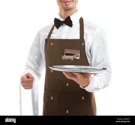 Waiter Holding Empty Silver Tray Over White Background Stock Photo Alamy