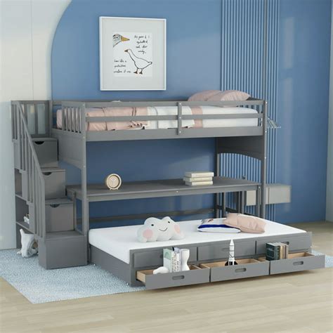 Twin Xl Loft Bed With Desk And Twin Size Trundle Solid Wood Bunk Bed With 3 Storage Drawers And