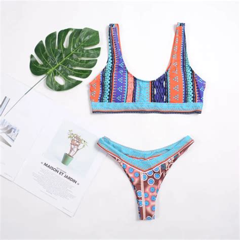 Moda Mujer Nacional Viento Rayas Estampado Multicolor Cintura Baja Hombro Sexy Bikini Split