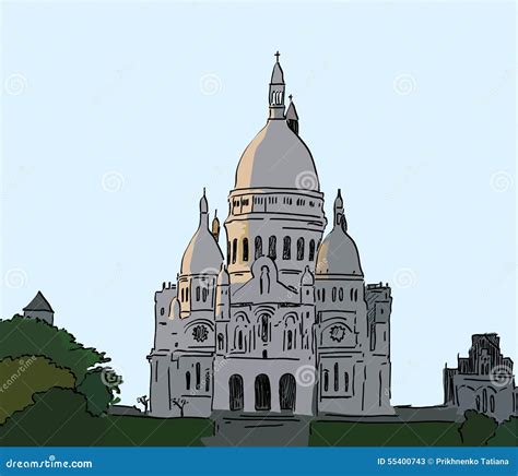 Illustration Of Sacre Coeur Basilica On Montmartre Hill Paris Stock