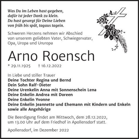 Traueranzeigen Von Arno Roensch Abschied Nehmen De