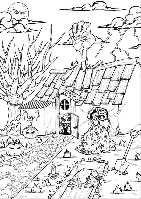 Halloween Haunted House And Its Creatures Halloween Adult Coloring Pages