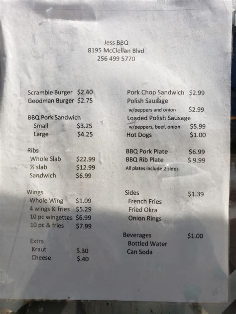 Menu At Jess Southern Bbq Anniston Mcclellan Blvd