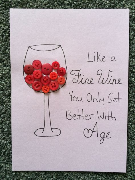 Diy Birthday Card Wine Glass Sown Red Buttons Like A Fine Wine You