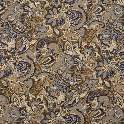 Beige And Dark Blue Tan Abstract Paisley Upholstery Fabric