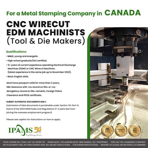 CNC WIRECUT EDM MACHINISTS (Tool & Die Makers) are needed for a Metal