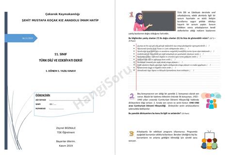 11 Sınıf Türk Dili Ve Edebiyatı 1 Dönem 1 Yazılı Soruları PDF