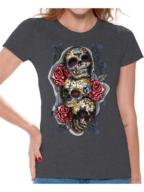 Awkward Styles Three Sugar Skull Tshirt For Women Skull Red Roses Shirt