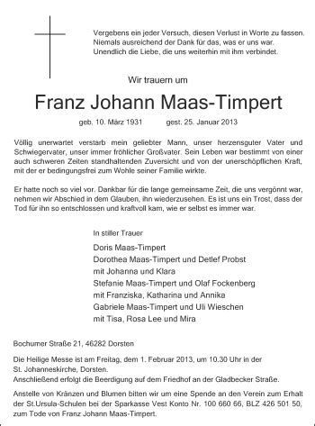 Traueranzeigen Von Franz Johann Maas Timpert Sich Erinnern De