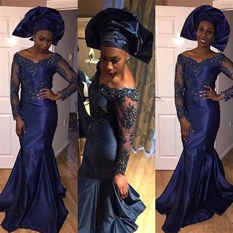 Elegant Dark Navy Blue Evening Dress Long Sleeve Beaded Lace Mermaid