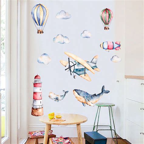 Watercolor Airplane Shark Wall Stickers - 3D Wall Stickers