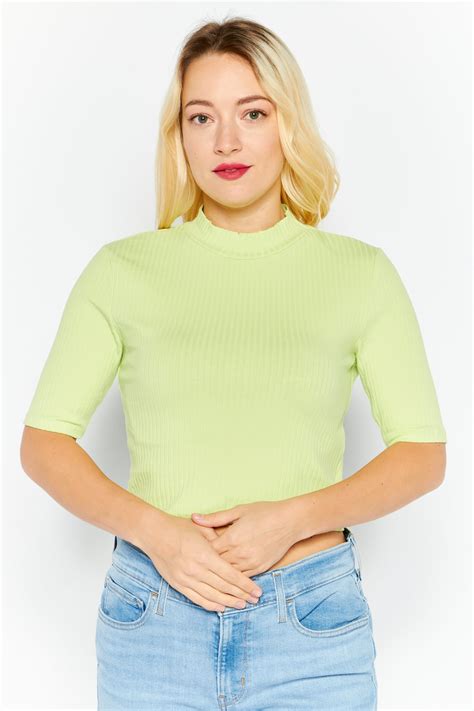 Buy Sinsay Women Mock Neckline Short Sleeve Ribbed Top Lime Green Online Brands For Less