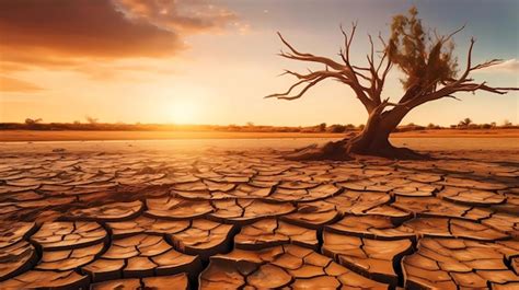 Tierra Seca Y Agrietada Con Rbol Muerto Al Atardecer Concepto De