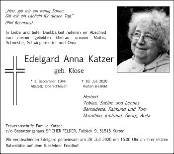 Traueranzeigen Von Edelgard Anna Katzer WirTrauern