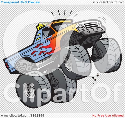 Clipart Of A Cartoon Monster Truck With Flame Paint Doing A Wheelie Or