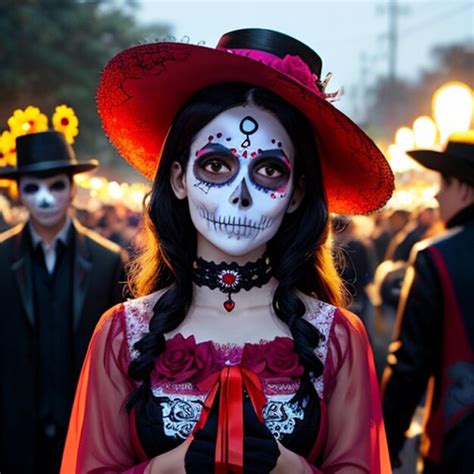 Premium Ai Image A Woman In A Red Dress With A Red Hat And A Red Bow Celebrating Dia De Muerta