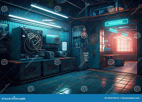 Futuristic Robot Workshop With Neon Lights In Dystopian Style