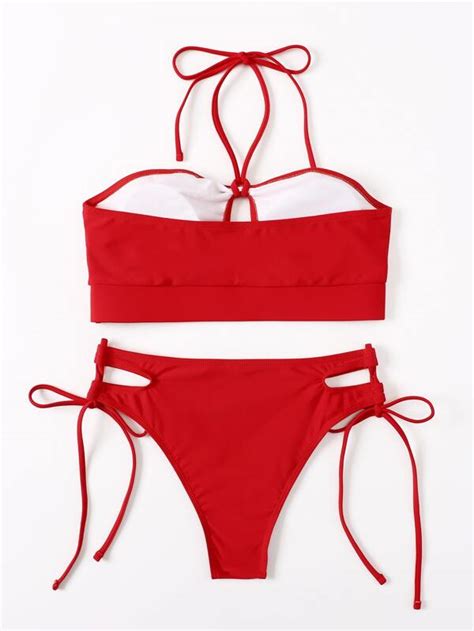 Einfarbiges Bikini Set Mit Neckholder BH Und Unterteil Mit Seitlichem