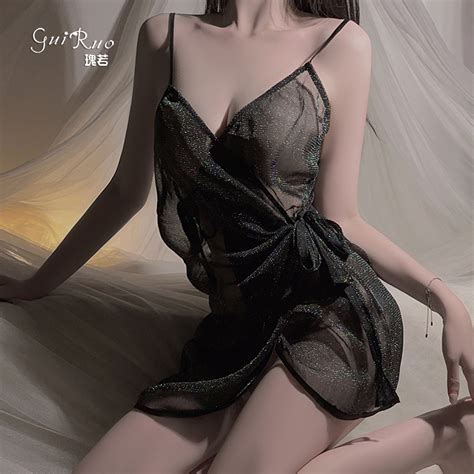 Dz Guiruo Sexy Lingerie Hot Slit Perspective Sexy Deep V Laced Up Hip Sling Nightdress Female