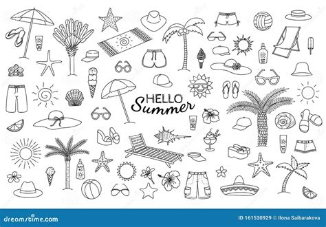 Big Collection Of Summer Theme Hand Drawn Doodles Vector Eps10 Stock