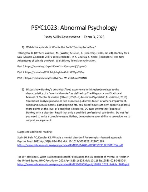 Psyc1023 Essay Instructions Psyc1023 Abnormal Psychology Essay