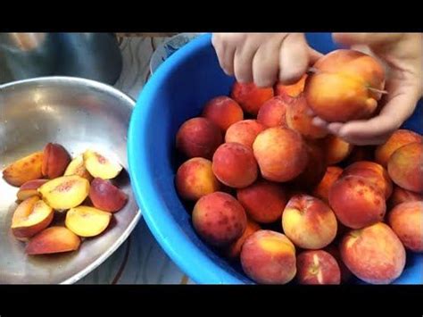 someone is picking up some peaches in a blue bowl