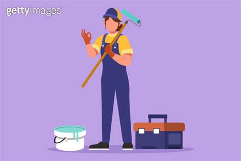 Graphic Flat Design Drawing Cute Handywoman Standing Holding Long Roll