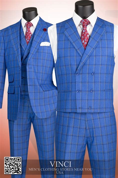 Royal Blue Windowpane Glen Plaid Modern Fit Vested Suit For Men Vinci Style Mv2w 2 Vinci