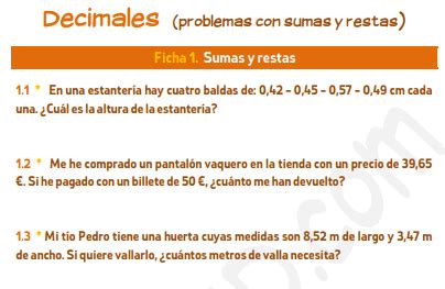 Decimales Problemas Con Sumas Y Restas Ficha Para Imprimir