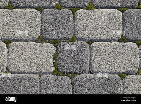 Industrial Building Background Of Paving Slabs With Overgrown Wi Stock