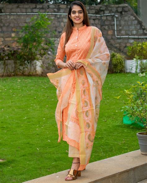 Orange Button Down Kurta Set With Dupatta Set Of Three By Desi Doree